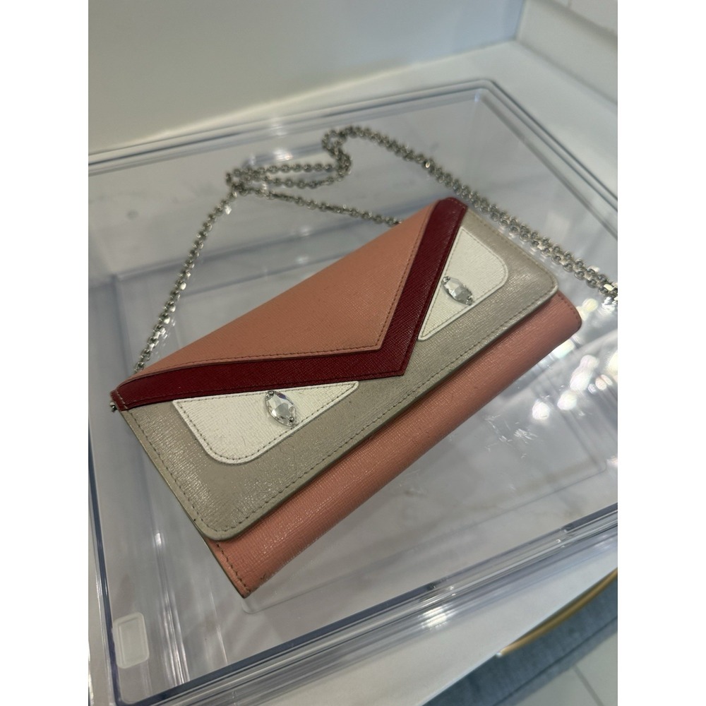FENDI Monster Pink Beige Burgundy Colorblock Chain Wallet w/ Chain Strap, Cards